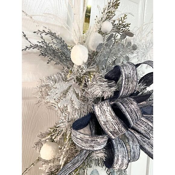 Luxe Winter Midnight Navy Blue Gray Silver Winter Teardrop Swag Wreath - Picture 7 of 9